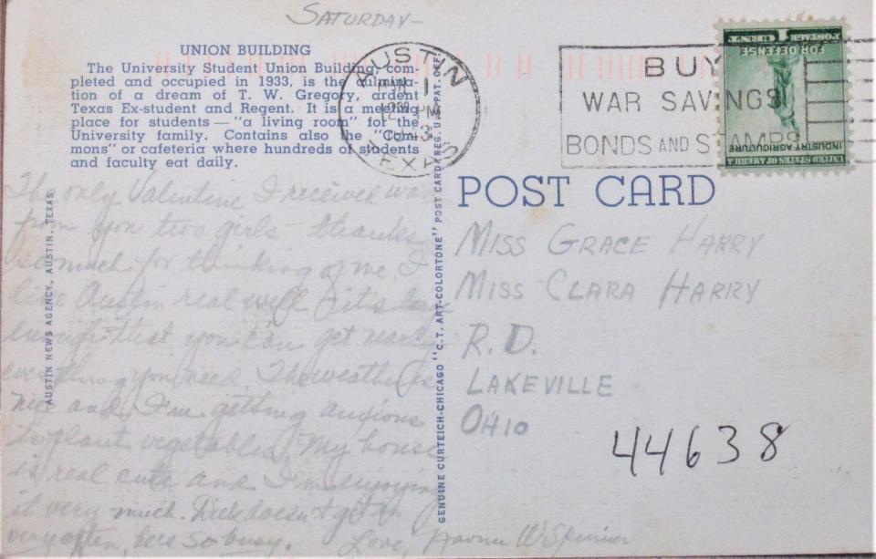 The personal greeting of a postcard sent nearly 80- years ago tells of life in Austin, TX.