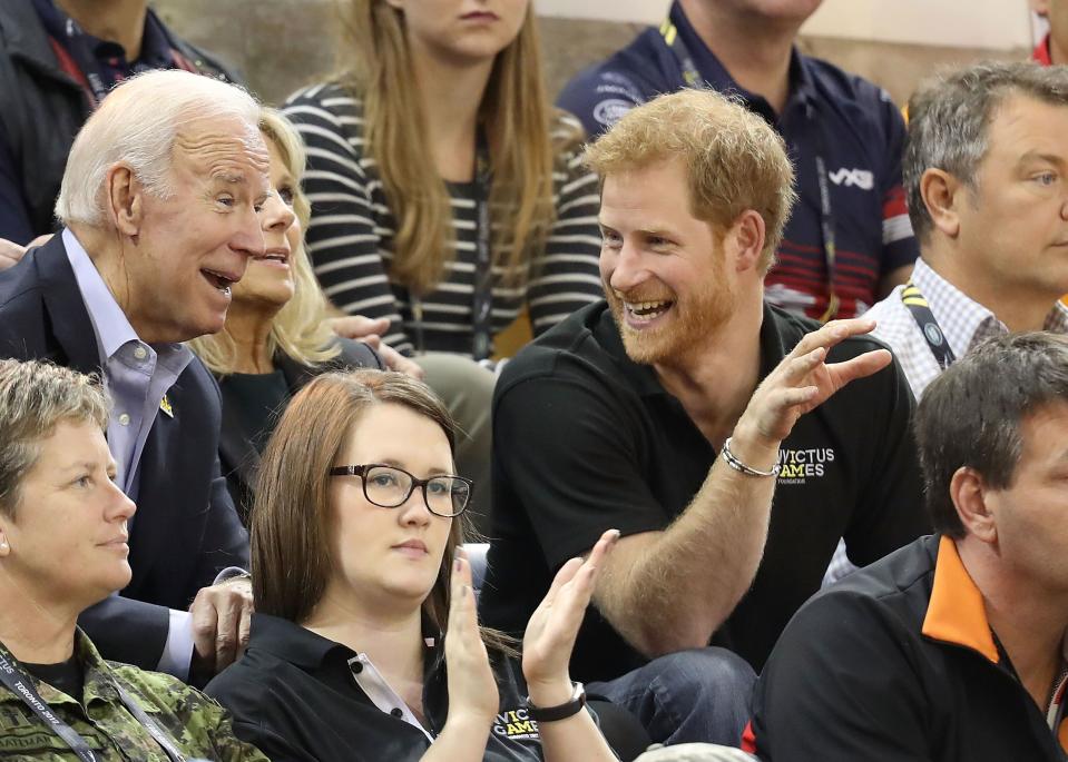 Harry, Joe and Jill Biden cheer on the teams as the USA competes against the Netherlands during the Invictus Games 2017 on Sept. 30, 2017, in Toronto. (Chris Jackson via Getty Images)