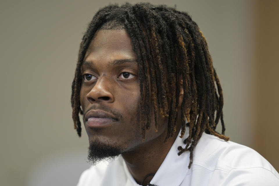 Fisk University basketball player Jeremiah Armstead responds to questions during an interview Wednesday, March 6, 2024, in Nashville, Tenn. The formerly homeless Armstead will receive the U.S. Basketball Writers Association 2024 Perry Wallace Most Courageous award at the NCAA Final Four basketball tournament. (AP Photo/George Walker IV)