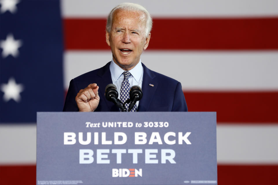 Democratic presidential candidate former Vice President Joe Biden speaks at McGregor Industries in Dunmore, Pa., Thursday, July 9, 2020. (AP Photo/Matt Slocum)