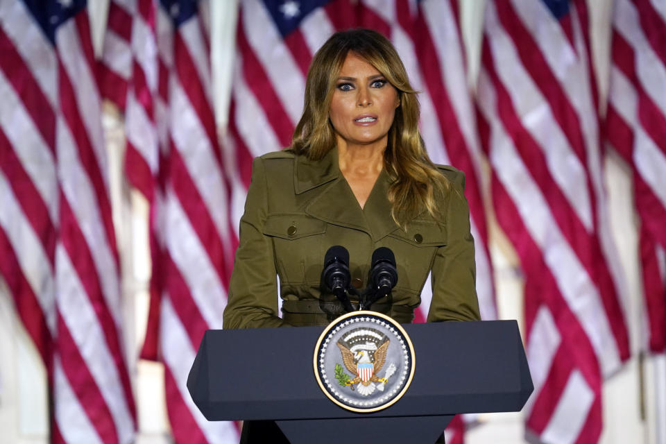 First lady Melania Trump speaks on the second day of the Republican National Convention from the Rose Garden of the White House, Tuesday, Aug. 25, 2020, in Washington. (AP Photo/Evan Vucci)