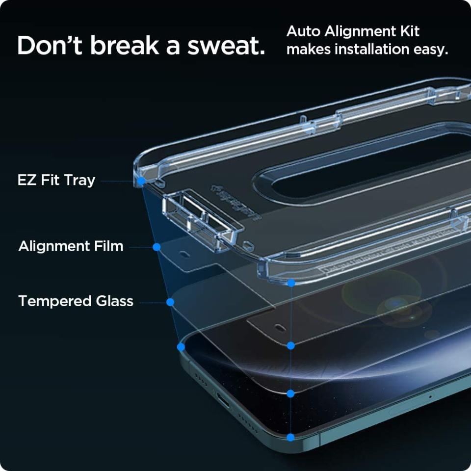 Each Spigen Tempered Glass Screen Protector comes with an auto-alignment kit for perfect application every time. Image via Amazon.