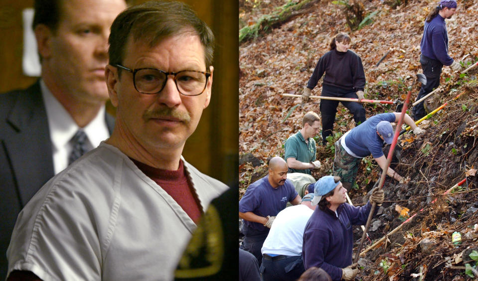 Gary Ridgway prepares to leave the courtroom after sentencing in Seattle in 2003. At right, members of the Green River task force comb a hillside near Kent, Wash., where Ridgway said he left a body. (Josh Trujillo / Pool via Getty Images; Elaine Thompson / AP)