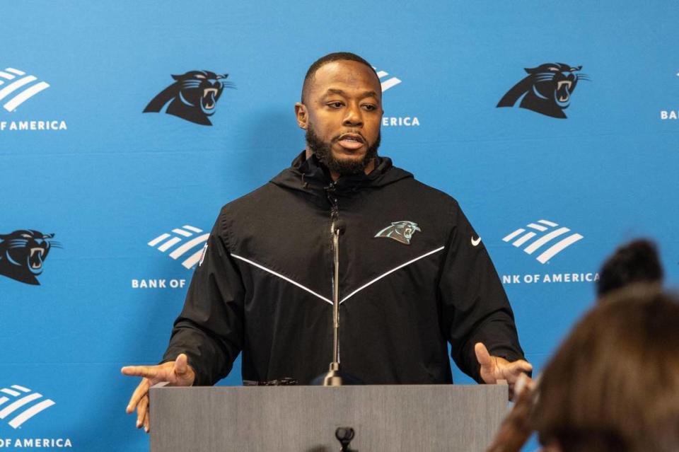 New Carolina Panthers offensive coordinator Thomas Brown speaks during a press conference in Charlotte, N.C., on Thursday, February 23, 2023.
