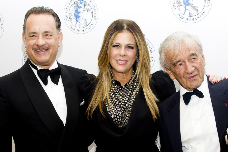 Honoree Tom Hanks, left, Rita Wilson and Elie Wiesel attend The Elie Wiesel Foundation For Humanity's Arts for Humanity Gala on Wednesday, Oct. 17, 2012 in New York. (Photo by Charles Sykes/Invision/AP)