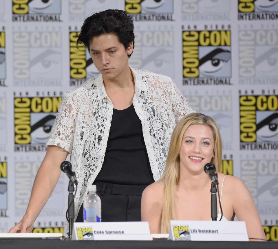 Cole Sprouse (L) and Lili Reinhart "Riverdale" special video presentation and Q+A during Comic-Con International 2017 at San Diego Convention Center on July 22, 2017 in San Diego, California