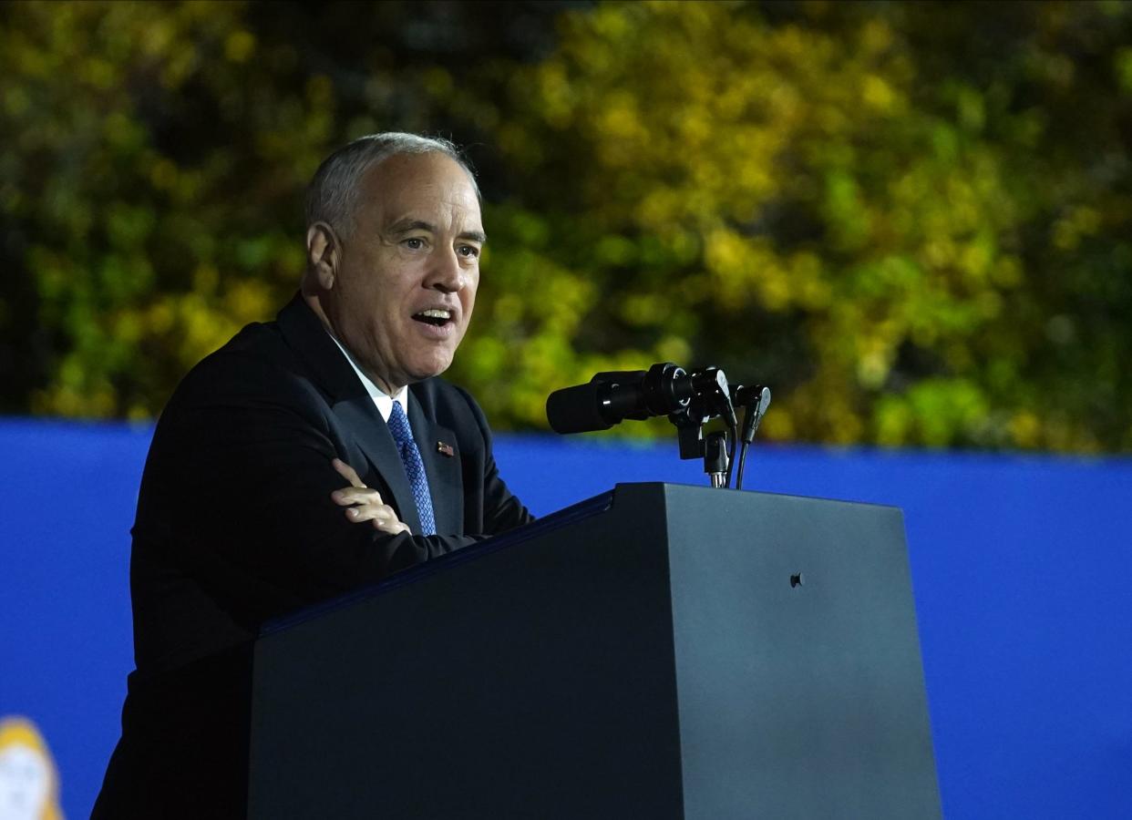 New York Comptroller Thomas DiNapoli addresses the crowds prior to President Joe Biden speaking at a political event on the campus of Sarah Lawrence College in Yonkers on Sunday, November 6, 2022.