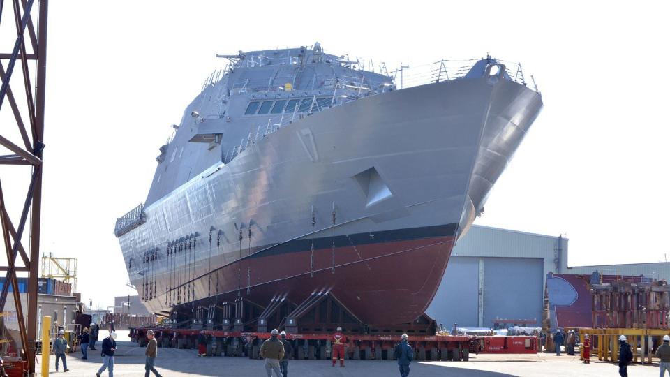 The littoral combat ship Indianapolis is moved March 30, 2018, from an indoor production facility in Marinette, Wis., in preparation for its upcoming launch into the Menominee River. (Val Ihde/Marinette Marine)