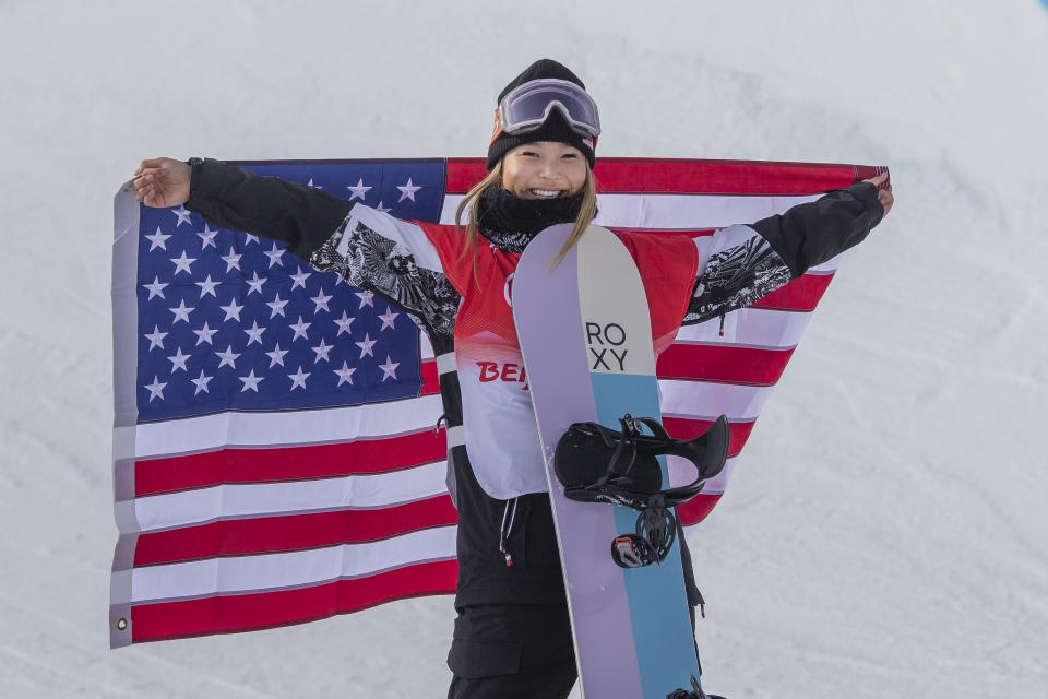 Chloe Kim of the United States reacts on the podium after winning the gold medal in the Women's Snowboard Halfpipe Final during the Winter Olympic Games on February 10th, 2022 in Zhangjiakou, China. (Photo by Tim Clayton/Corbis via Getty Images)