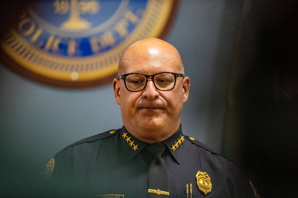 City of Miami Chief of Police Manny Morales speaks during a press conference about a Miami cop who was arrested Tuesday on a DUI charge after a Miami-Dade Schools police officer found him near a school passed out behind the wheel with a gun on his lap. The presser took place at the MDP headquarters in downtown Miami, on Wednesday November 01, 2023. Pedro Portal/pportal@miamiherald.com