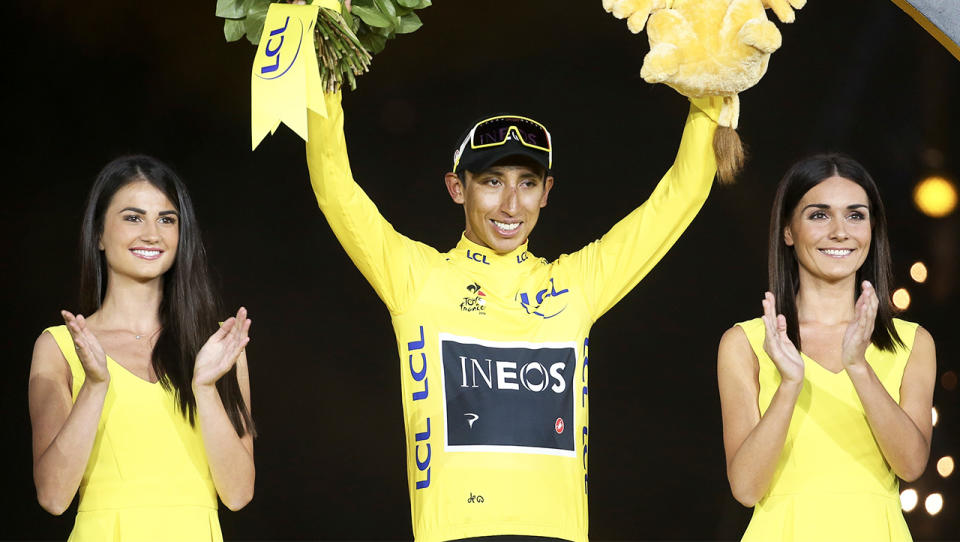 Winner of Tour de France 2019, yellow jersey Egan Bernal Gomez of Colombia and Team Ineos during the podium ceremony.