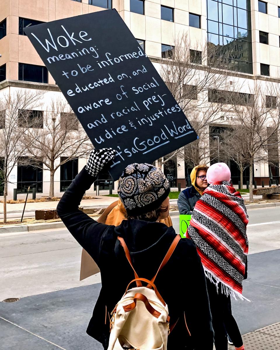 A supporter of transgender rights participates in a rally in downtown Oklahoma City.