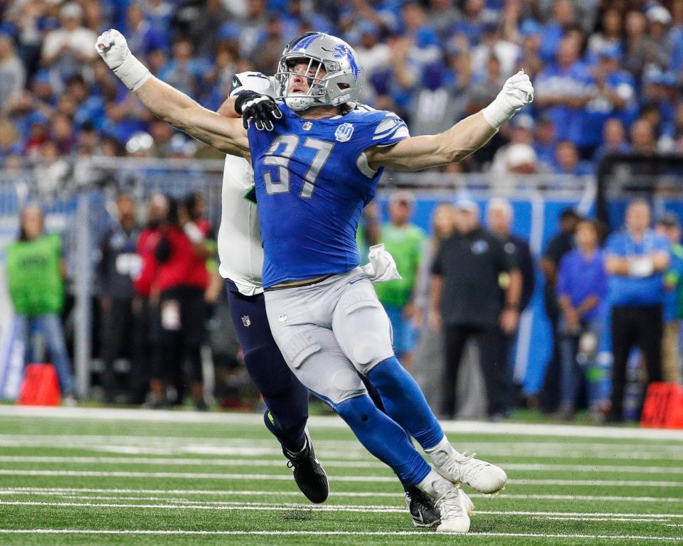 Detroit Lions defensive end Aidan Hutchinson (97) during the first half against Seattle Seahawks at Ford Field in Detroit on Sunday, Sept. 17, 2023.
