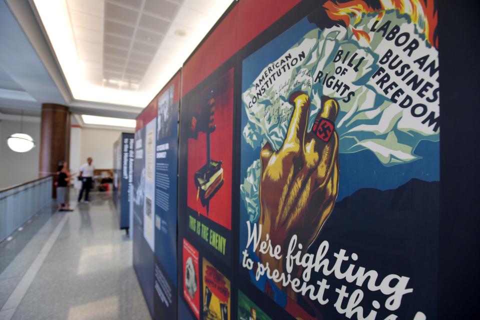 This September 2023 photo shows one of the display walls making up the "Americans and the Holocaust" exhibit last fall on the fourth floor of the downtown Jacksonville Public Library.