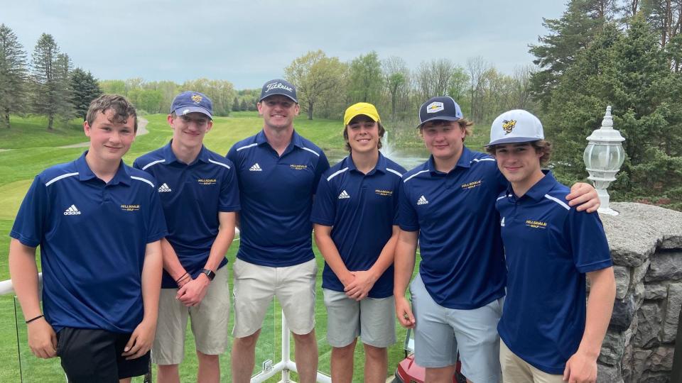 Hillsdale's boys golf team of Jaden Hall, Joseph Miller, coach Marc Wilson, Jack Granata, Brody Young and Grant Alley took third place at the regional finals, qualifying for the state finals.