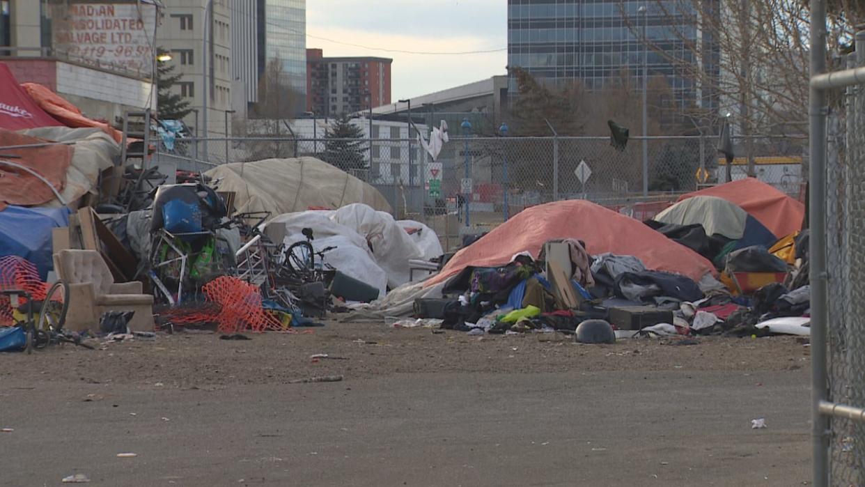 Tents set up near Quasar Bottle Depot on 95th Street and 105A Avenue. (Craig Ryan/CBC - image credit)