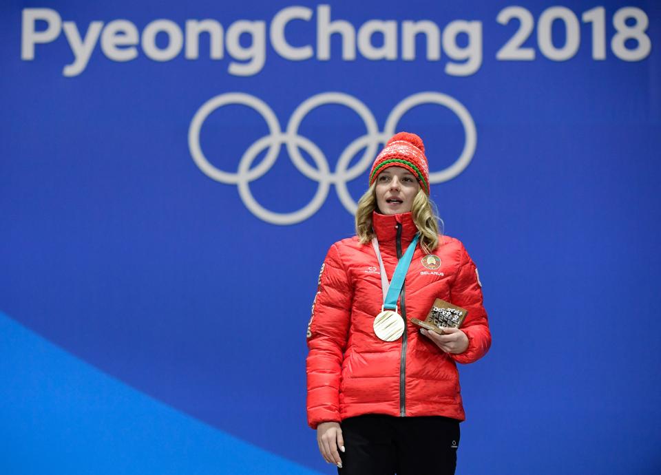 <p>Belarus’ gold medallist Hanna Huskova poses on the podium during the medal ceremony for the freestyle skiing women’s aerials at the Pyeongchang Medals Plaza during the Pyeongchang 2018 Winter Olympic Games. (Getty) </p>