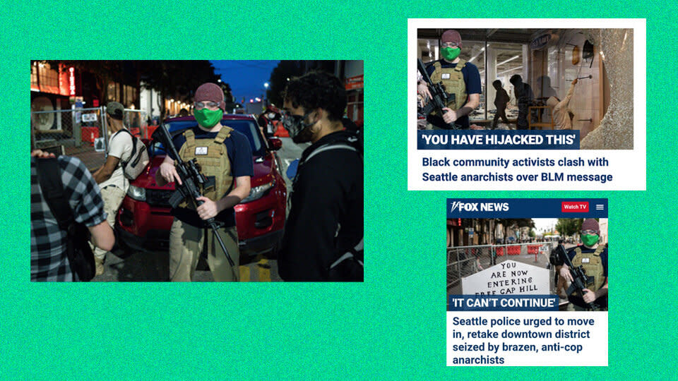 Fox News has used the original image on the left, by photographer David Ryder, to edit the armed man into photos of other scenes, implying that the autonomous zone is guarded by armed militias. (Photo: HuffPost Illustration/Getty Images/FoxNews.com)