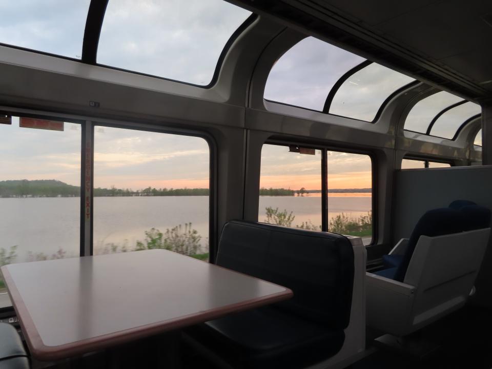 sunset in train observation car