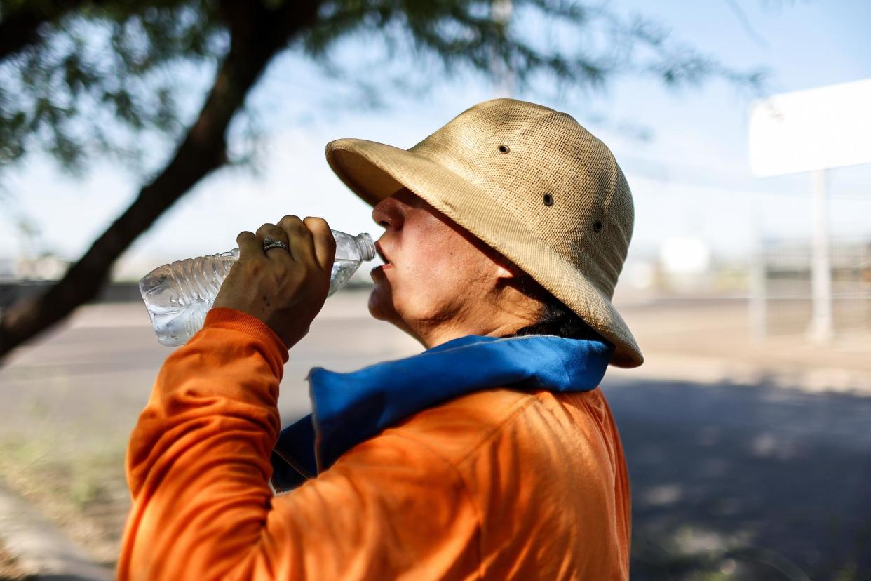 <span>A worker drinks water while taking a break from trimming trees ahead of monsoon season in Phoenix, Arizona, on 24 July 2023.</span><span>Photograph: Mario Tama/Getty Images</span>