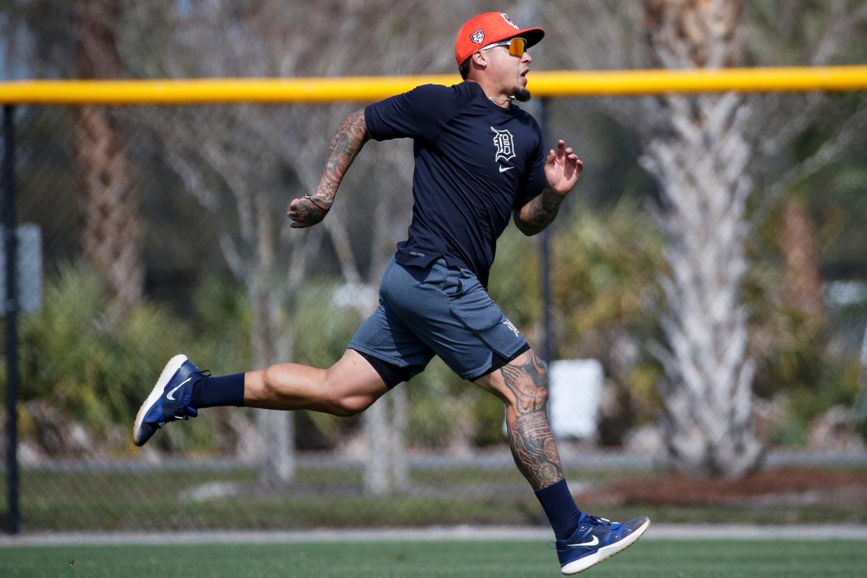 Detroit Tigers shortstop Javier Baez practices during spring training at TigerTown in Lakeland, Fla. on Friday, Feb. 16, 2024.