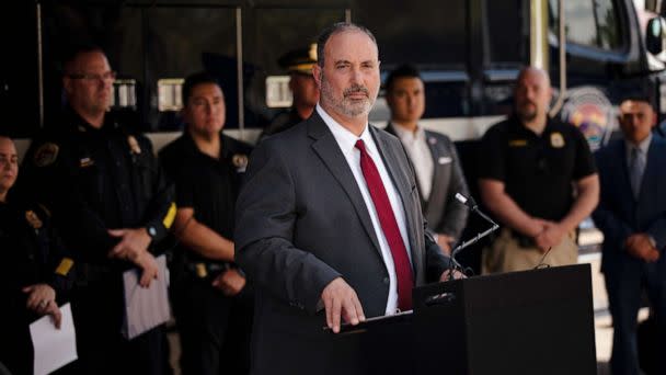 PHOTO: Ahmad Assed, president of the Islamic Center of New Mexico, speaks at a news conference about the murders of four Muslim men in Albuquerque, Aug. 7, 2022. (Adria Malcolm/The New York Times via Redux)