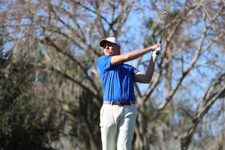 Ian Gilligan of the University of Florida watches a tee shot during Tuesday's final round of the Sea Best Invitational, at the TPC Sawgrass Dye's Valley Course. Gilligan finished second to lead the Gators to a third consecutive team title.