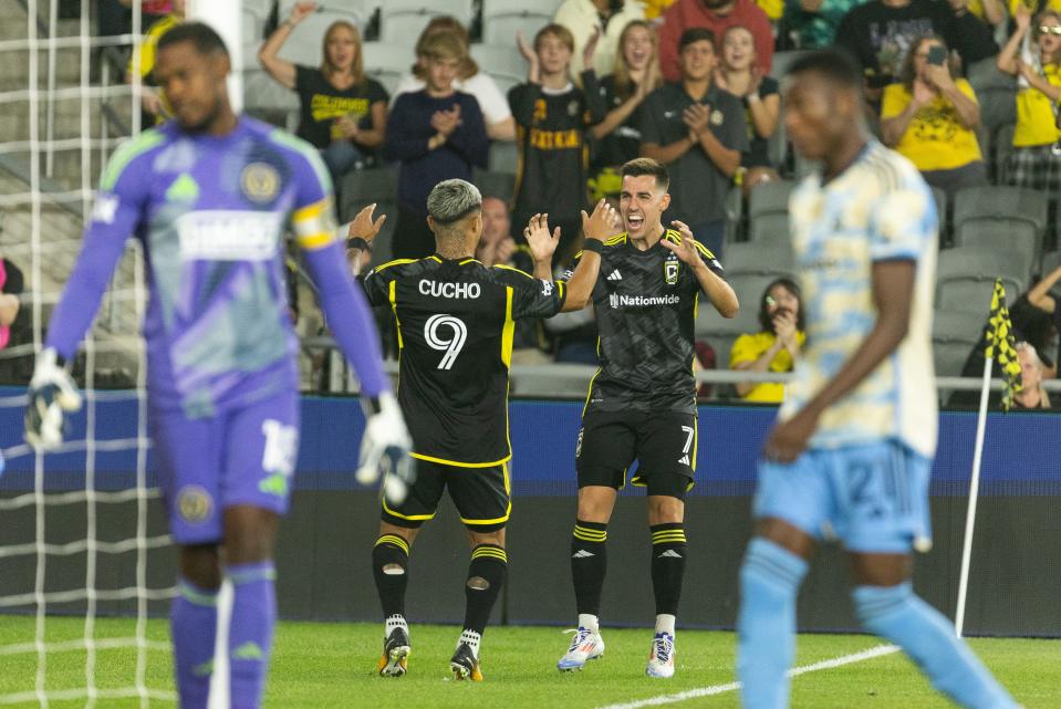 Oct 5, 2024; Columbus, Ohio, USA; Columbus Crew forward Cucho Hernandez (9) celebrates his goal with teammates in the first half against the Philadelphia Union at Lower.com Field. Mandatory Credit: Trevor Ruszkowski-Imagn Images