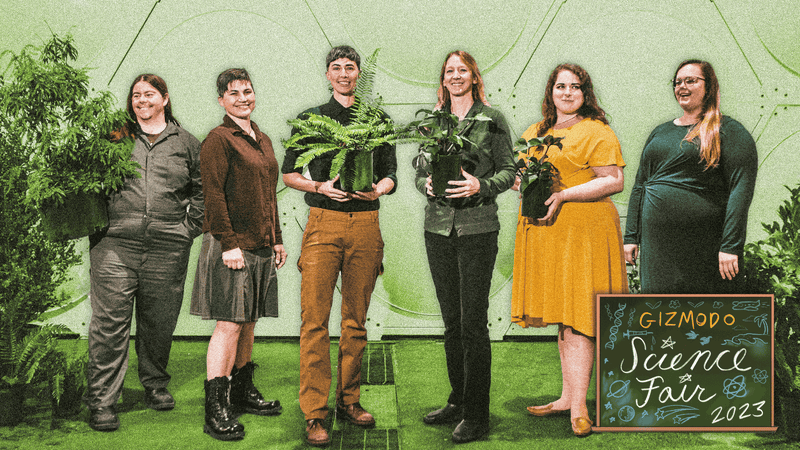 The Recompose human composting team poses with potted plants. 