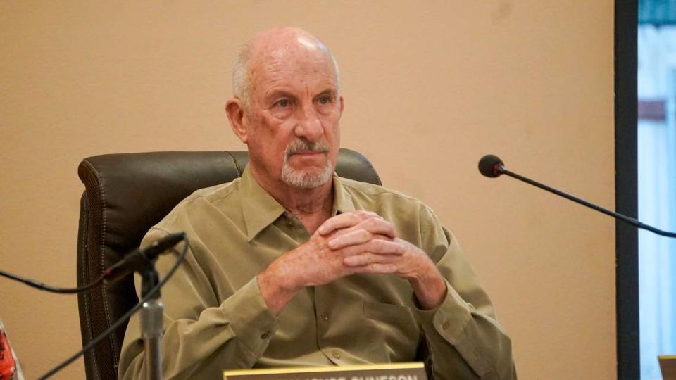 Oceano Community Services District board member Charles Varni listens to public comment during a meeting on Oct. 25, 2023. The Wednesday meeting featured the retirement of general manager Will Clemens and frequently devolved into shouting matches.