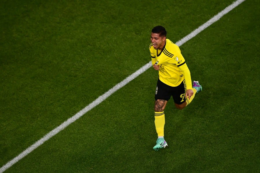 COLUMBUS, OHIO – DECEMBER 09: Cucho Hernández #9 of Columbus Crew celebrates a goal during the first half against the Los Angeles FC during the 2023 MLS Cup at Lower.com Field on December 09, 2023 in Columbus, Ohio. (Photo by Emilee Chinn/Getty Images)