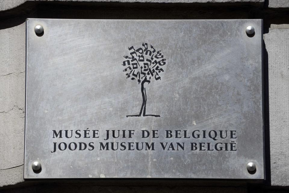 A view shows the plaque at the entrance of the Jewish Museum, the site of Saturday's shooting, in Brussels