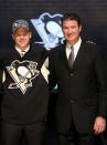 PITTSBURGH, PA - JUNE 22: Olli Maatta (L), 22nd overall pick by the Pittsburgh Penguins, poses with Penguins co-owner Mario Lemieux on stage during Round One of the 2012 NHL Entry Draft at Consol Energy Center on June 22, 2012 in Pittsburgh, Pennsylvania. (Photo by Bruce Bennett/Getty Images)