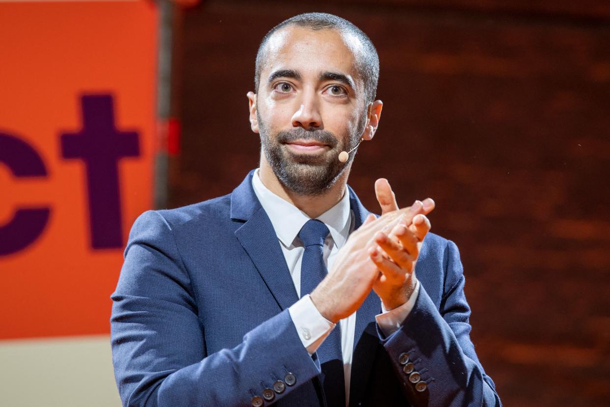 CD&V chairman Sammy Mahdi delivers a speech at the traditional new year's reception of Flemish Christian democrat party CD&V, in Brussels, Saturday 14 January 2023. BELGA PHOTO NICOLAS MAETERLINCK (Photo by NICOLAS MAETERLINCK / BELGA MAG / Belga via AFP) (Photo by NICOLAS MAETERLINCK/BELGA MAG/AFP via Getty Images)