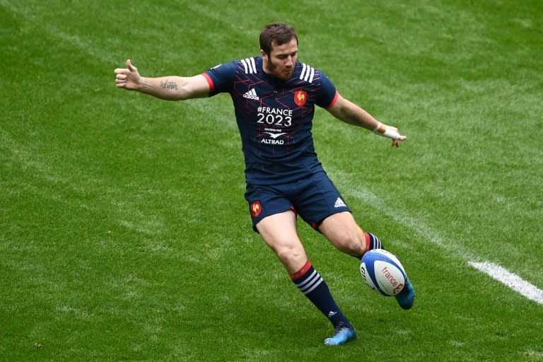 France's fly-half Camille Lopez kicks the ball during the Six Nations tournament Rugby Union match between France and Wales at the Stade de France March 18, 2017