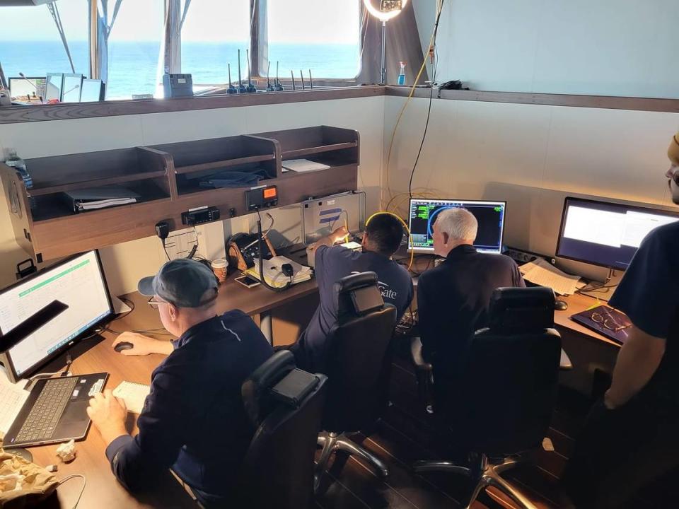 The communication room on the Horizon Arctic, the support vessel for Bill Price’s two missions aboard the Titan sub. The Horizon Arctic was one of the vessels used in the June 2023 search for the Titan after it suffered a catastrophic implosion on a dive to see the Titanic wreckage. Courtesy Bill Price