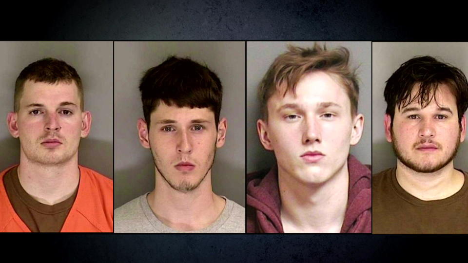 On May 19, 2020, the Santa Cruz County Sheriff's Office arrested, from left, Stephen Lindsay, Kurtis Charters, Kaleb Charters and Joshua Camps. All four were charged with murder, kidnapping, and robbery. They have all pleaded not guilty. / Credit: Santa Cruz County Sheriff's Office