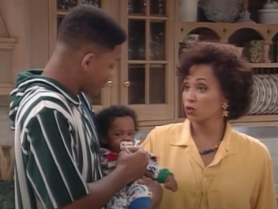 daphne maxwell reid as aunt vivian and will smith on set of the fresh prince of bel air