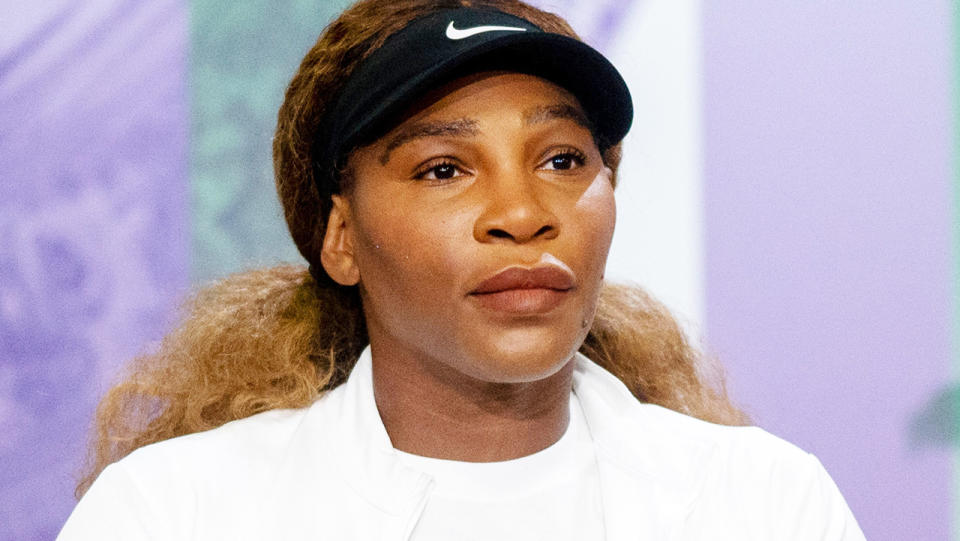 Serena Williams, pictured here speaking to the media at Wimbledon in 2021.