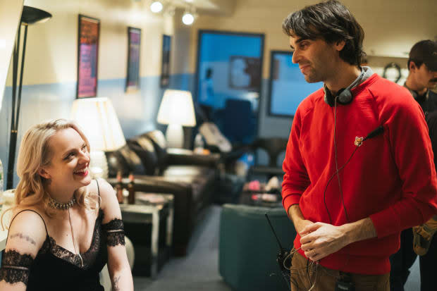Moss, in her final look, chats with director Alex Ross Perry on set. Photo: <em>Don Stahl/Courtesy of Gunpowder & Sky</em>