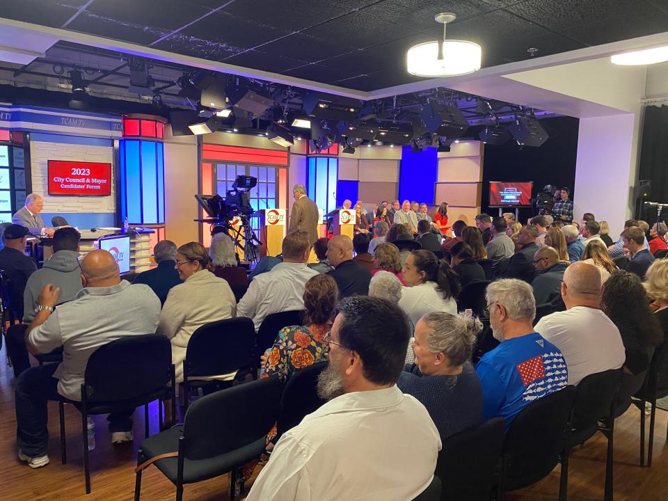Audience members await the start of the Taunton candidates night forum, hosted by TCAM, Thursday, Oct. 26, 2023.