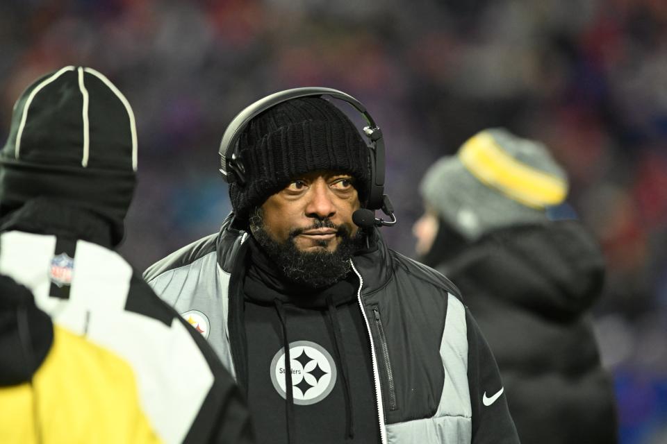 Jan 15, 2024; Orchard Park, New York, USA; Pittsburgh Steelers head coach Mike Tomlin reacts in the in the second half against the Buffalo Bills in a 2024 AFC wild card game at Highmark Stadium. Mandatory Credit: Mark Konezny-USA TODAY Sports