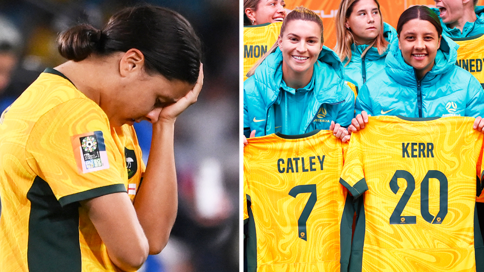 Sam Kerr reacts and Steph Catley and Kerr smile.