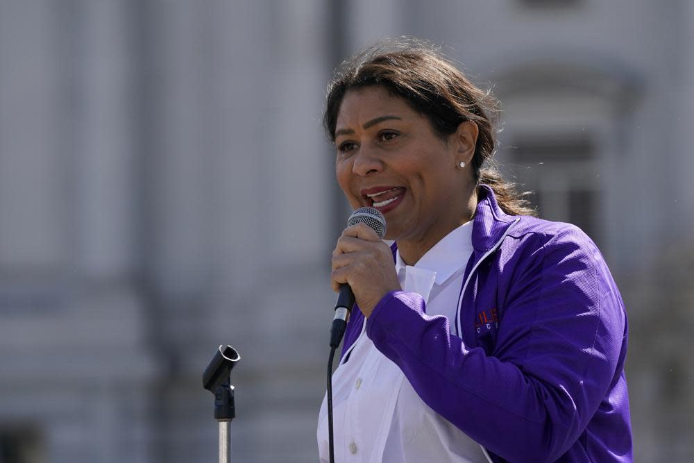 In this March 13, 2021 file photo Mayor London Breed speaks at a rally in San Francisco. (AP Photo/Jeff Chiu, File)