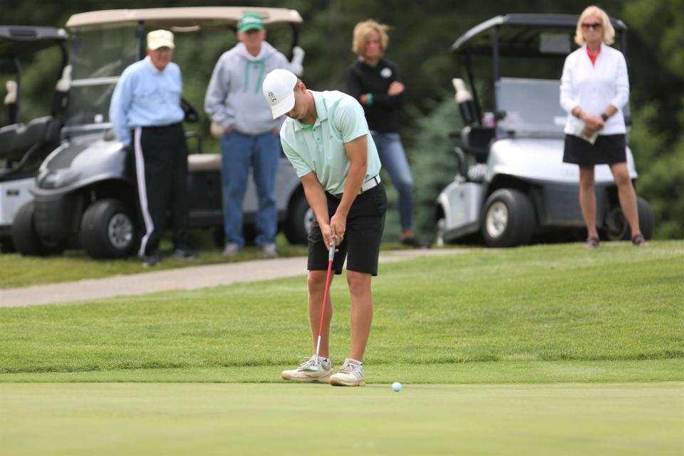 New Castle senior Derek Tabor won match medalist honors with a person-best score of 66 in the Muncie Central boys golf regional at The Players Club on Thursday, June 9, 2022.