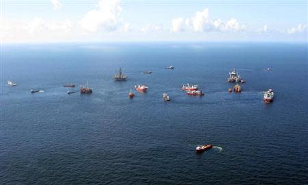 Preparations to drill a relief well continue at the Macondo oil spill site in the Gulf of Mexico, in this aerial photograph taken from a coast guard helicopter on August 21, 2010. REUTERS/Ann Driver