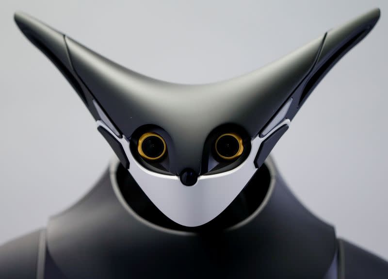 Telexistence's shelf-stacking avatar robot, designed to resemble a kangaroo and developed to work in a convenience store, is seen during a photo opportunity ahead of its unveiling in Tokyo, Japan