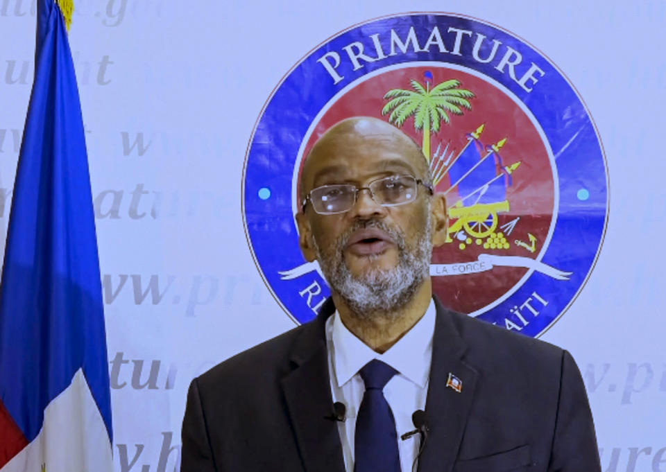 In this photo taken from video, Ariel Henry, Prime Minister of Haiti, remotely addresses the 76th session of the United Nations General Assembly in a pre-recorded message, Saturday Sept. 25, 2021 at UN headquarters. (UN Web TV via AP)