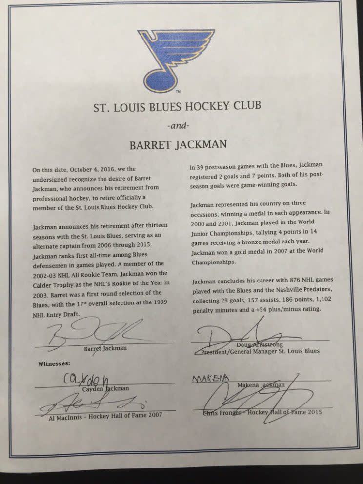 Barret Jackman's one-day contract. 