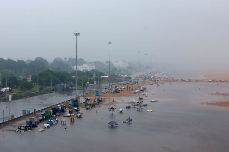 A deserted Marina beach is seen during rains before Cyclone Nivar's landfall, in Chennai